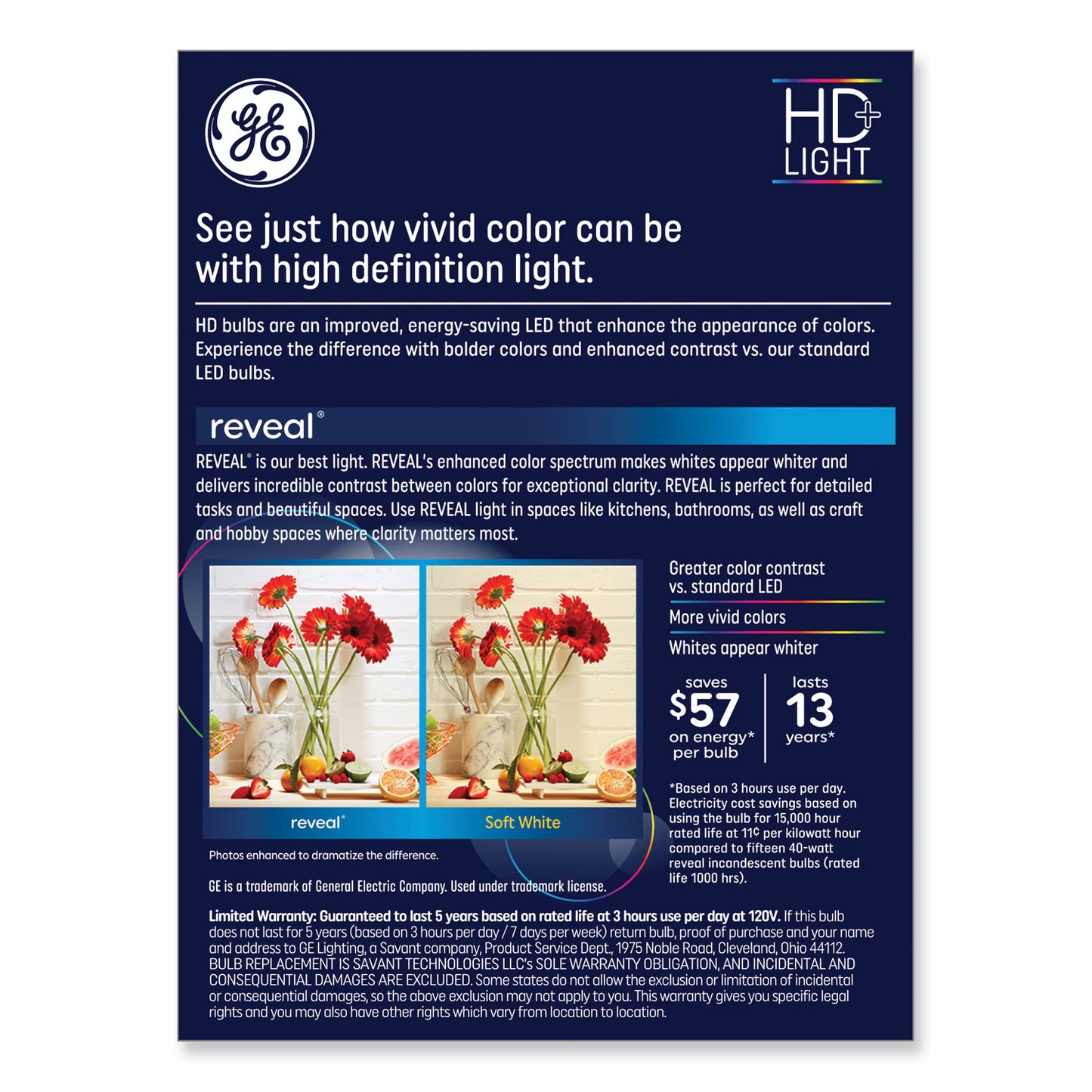 GE Reveal HD+ LED A19 Light Bulb, 5 W, 4/Pack (46650)