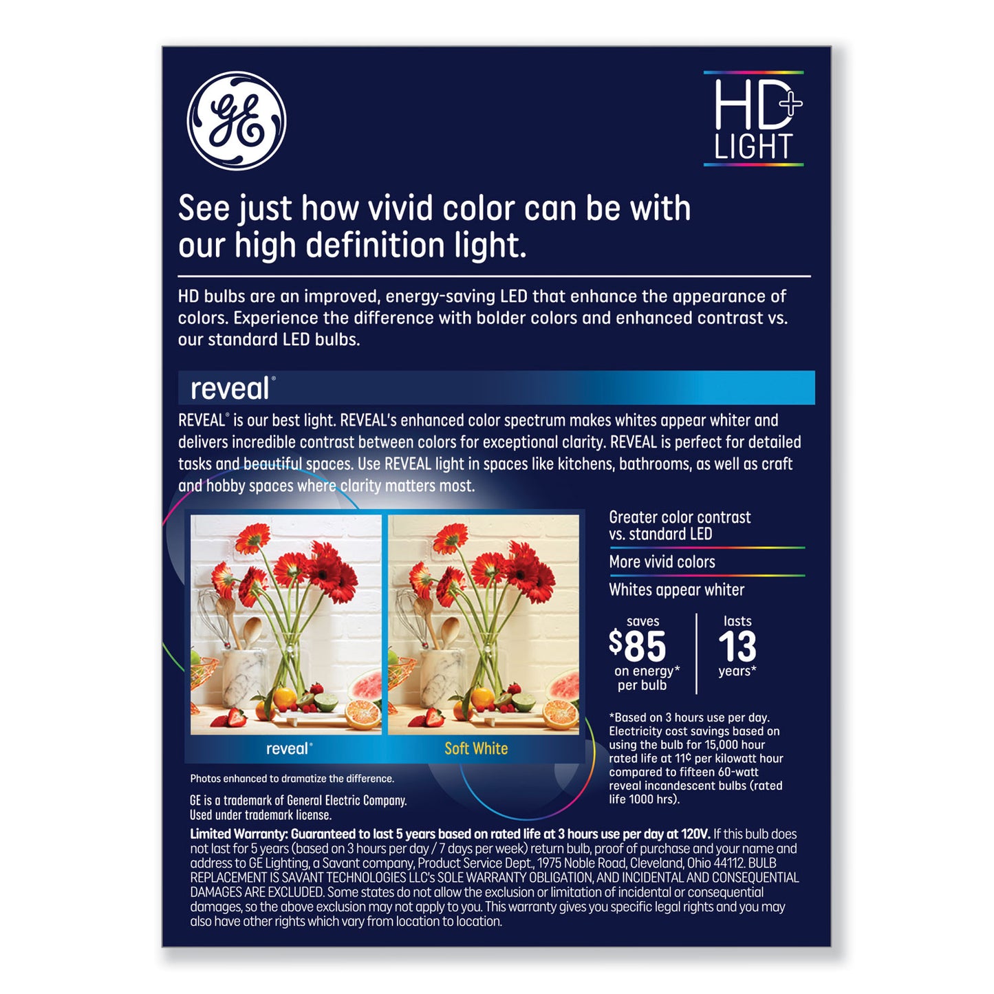 GE Reveal HD+ LED A19 Light Bulb, 8 W, 4/Pack (93129439)