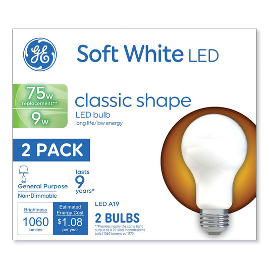 GE Classic LED Soft White Non-Dim A19 Light Bulb, 9 W, 2/Pack (93109032)