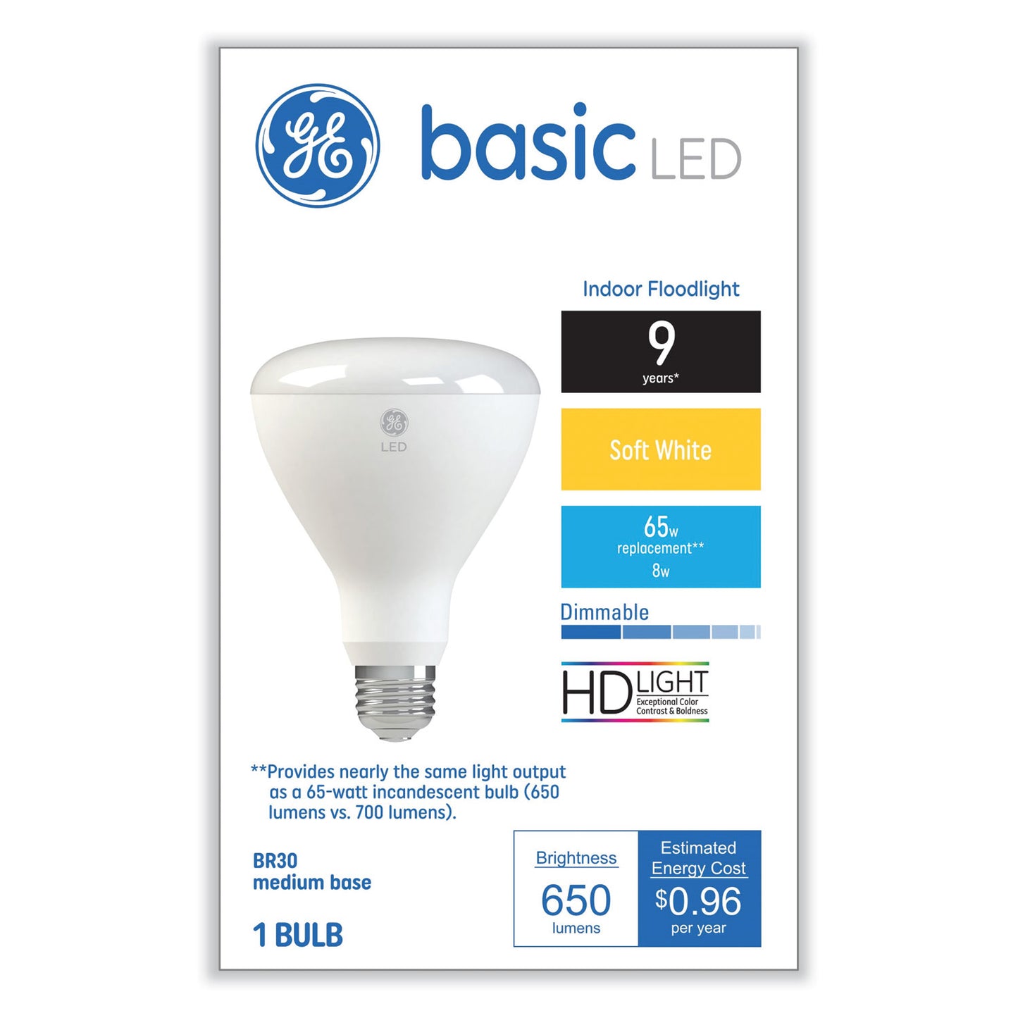 GE Basic LED Dimmable Indoor Flood Light Bulbs, BR30, 8 W, Soft White (48198)