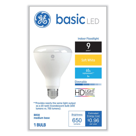 GE Basic LED Dimmable Indoor Flood Light Bulbs, BR30, 8 W, Soft White (48198)