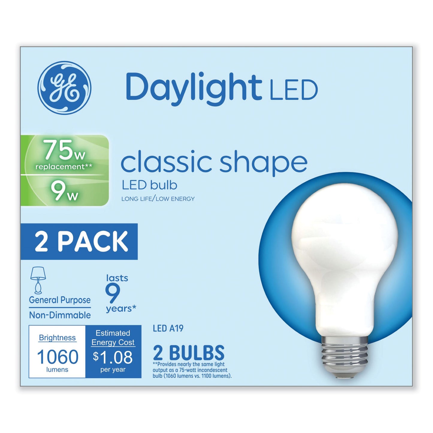 GE Classic LED Non-Dim A19 Light Bulb, 9 W, Daylight, 2/Pack (93109035)