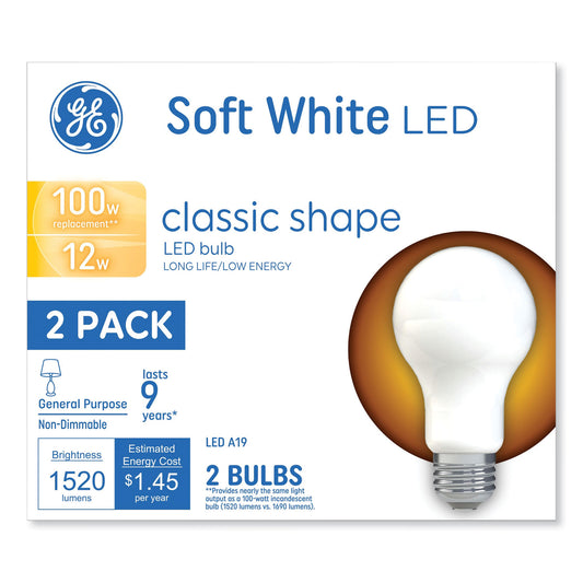 GE Classic LED Non-Dim A19 Light Bulb, 12 W, Soft White, 2/Pack (93109188)