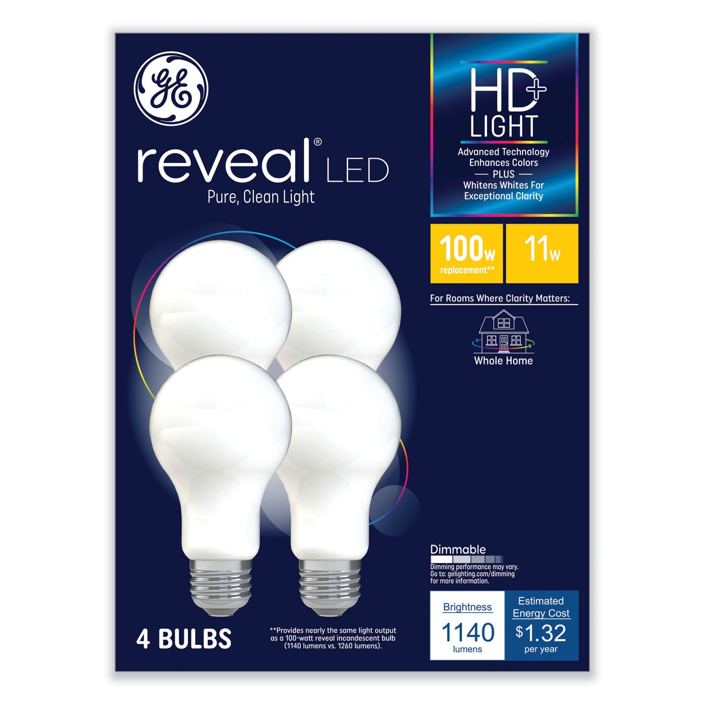 GE Reveal HD+ LED A19 Light Bulb, 11 W, 4/Pack (93127996)