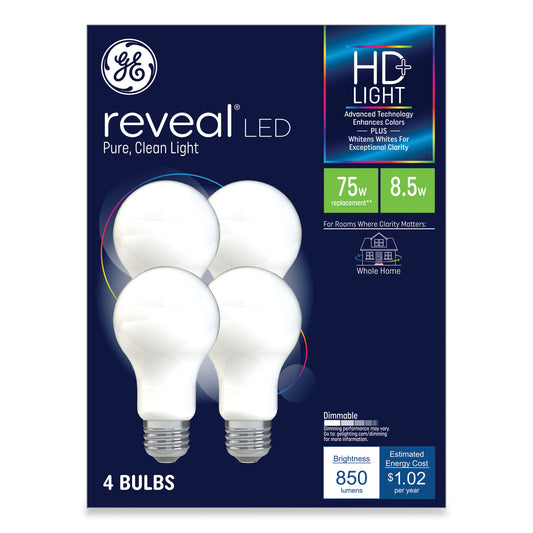 GE Reveal HD+ LED A19 Light Bulb, 8.5 W, 4/Pack (93127795)