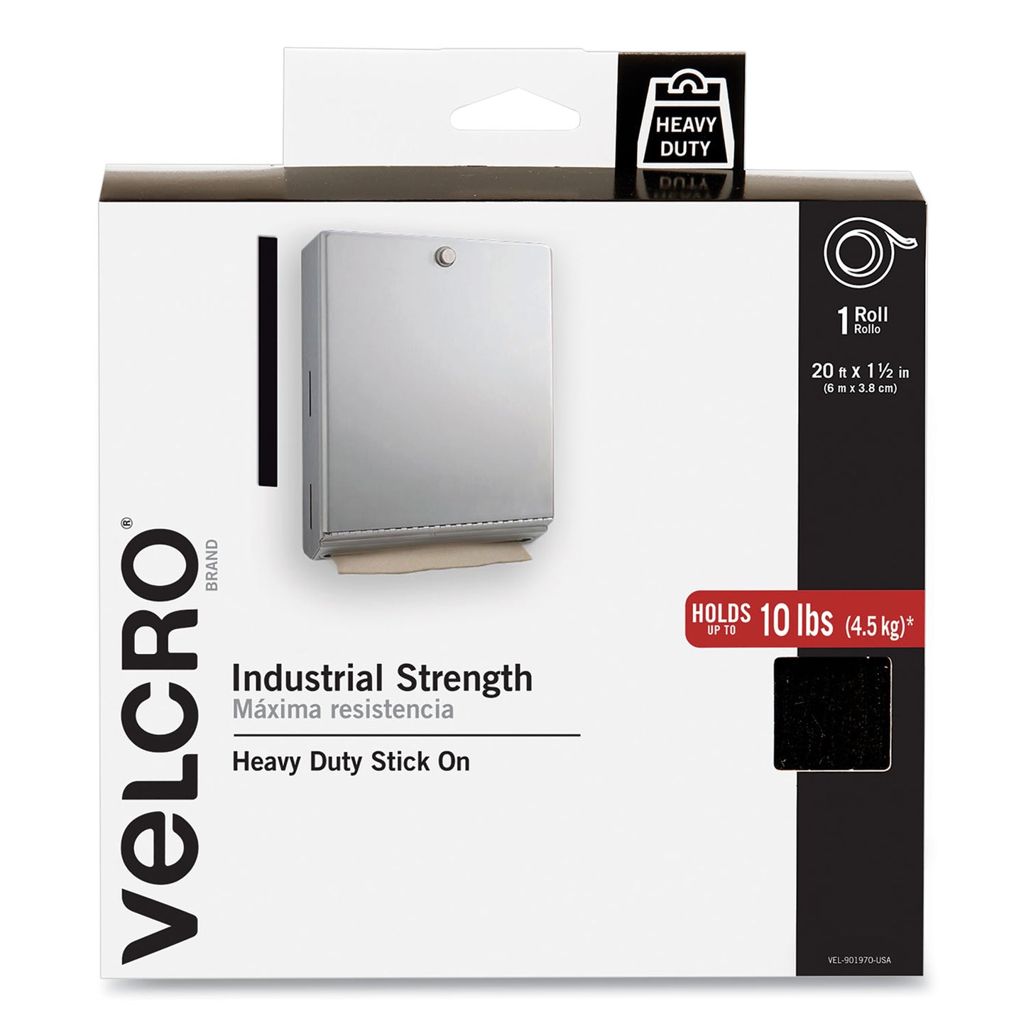 Velcro Industrial-Strength Heavy-Duty Fasteners with Dispenser Box, 2" x 15 ft, Black (90197)