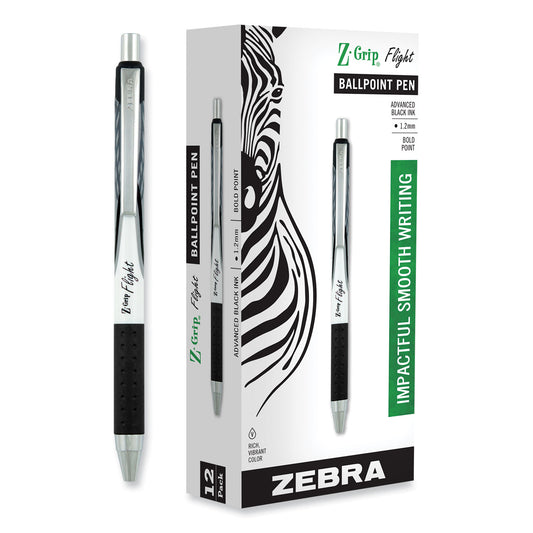 Zebra Z-Grip Flight Ballpoint Pen, Retractable, Bold 1.2 mm, Black Ink, Black/Gray/White Barrel, 12/Pack (21910)