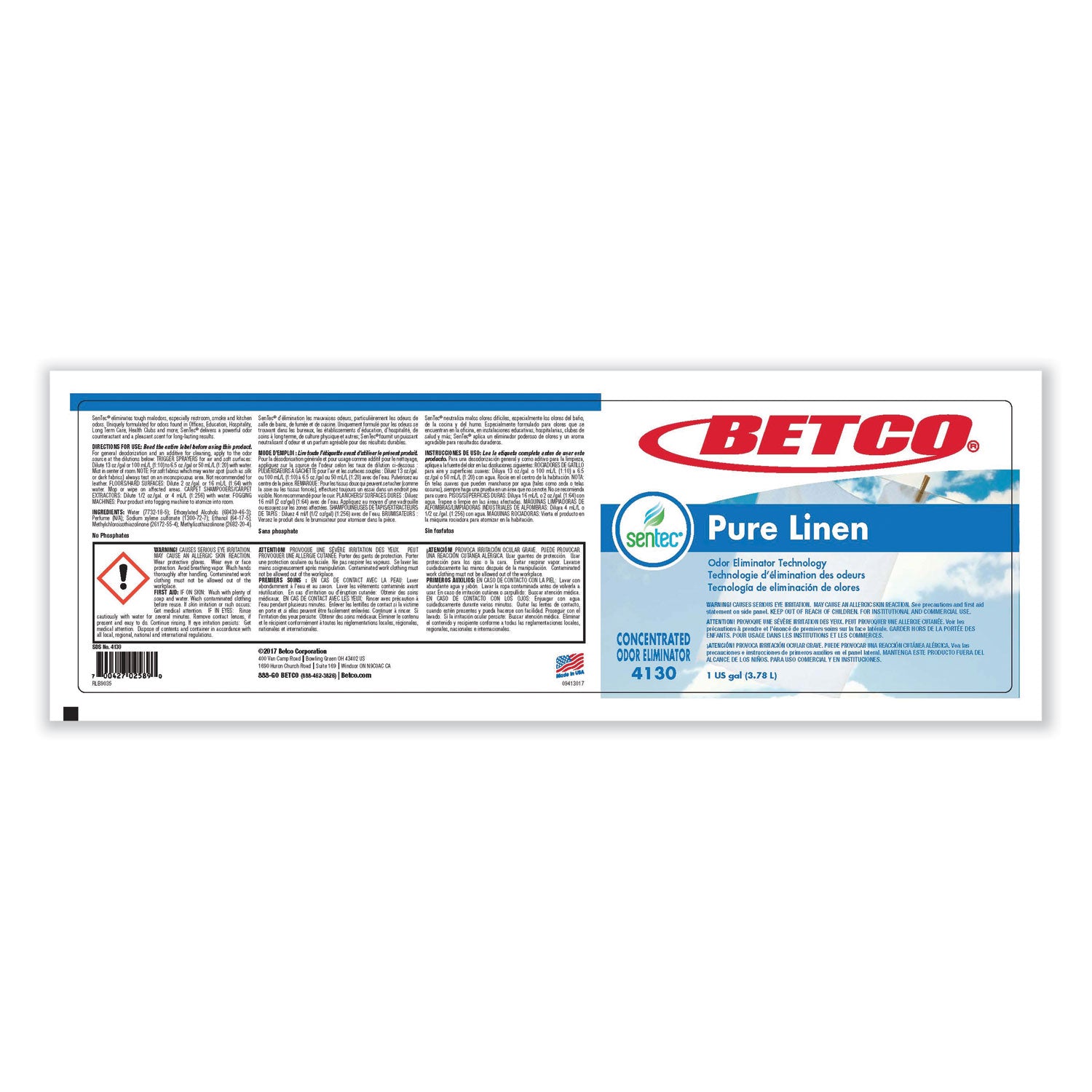 Betco SenTec Pure Linen Concentrate Odor Eliminator, Pure Linen Scent, 2 L Bottle, 2/Carton (4130B200)