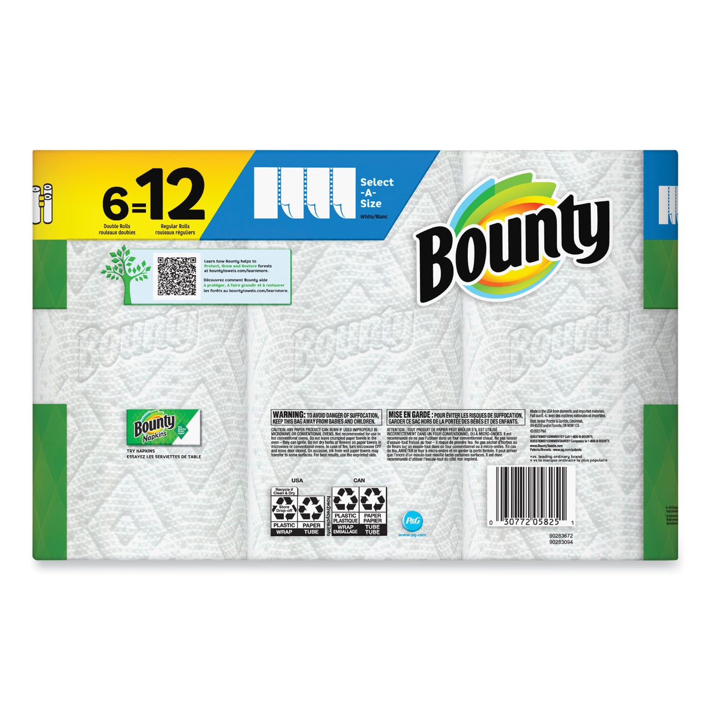 Bounty Select-a-Size Kitchen Roll Paper Towels, 2-Ply, 6 x 11, White, 90 Sheets/Double Roll, 6 Rolls/Carton (05825)