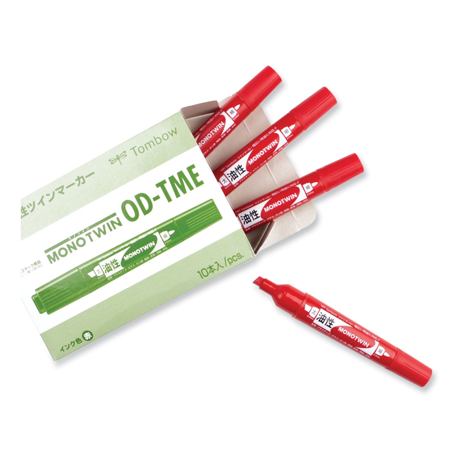 Tombow Mono Twin Bold Permanent Marker, Fine/Broad Tips, Red, 10/Box (56647)