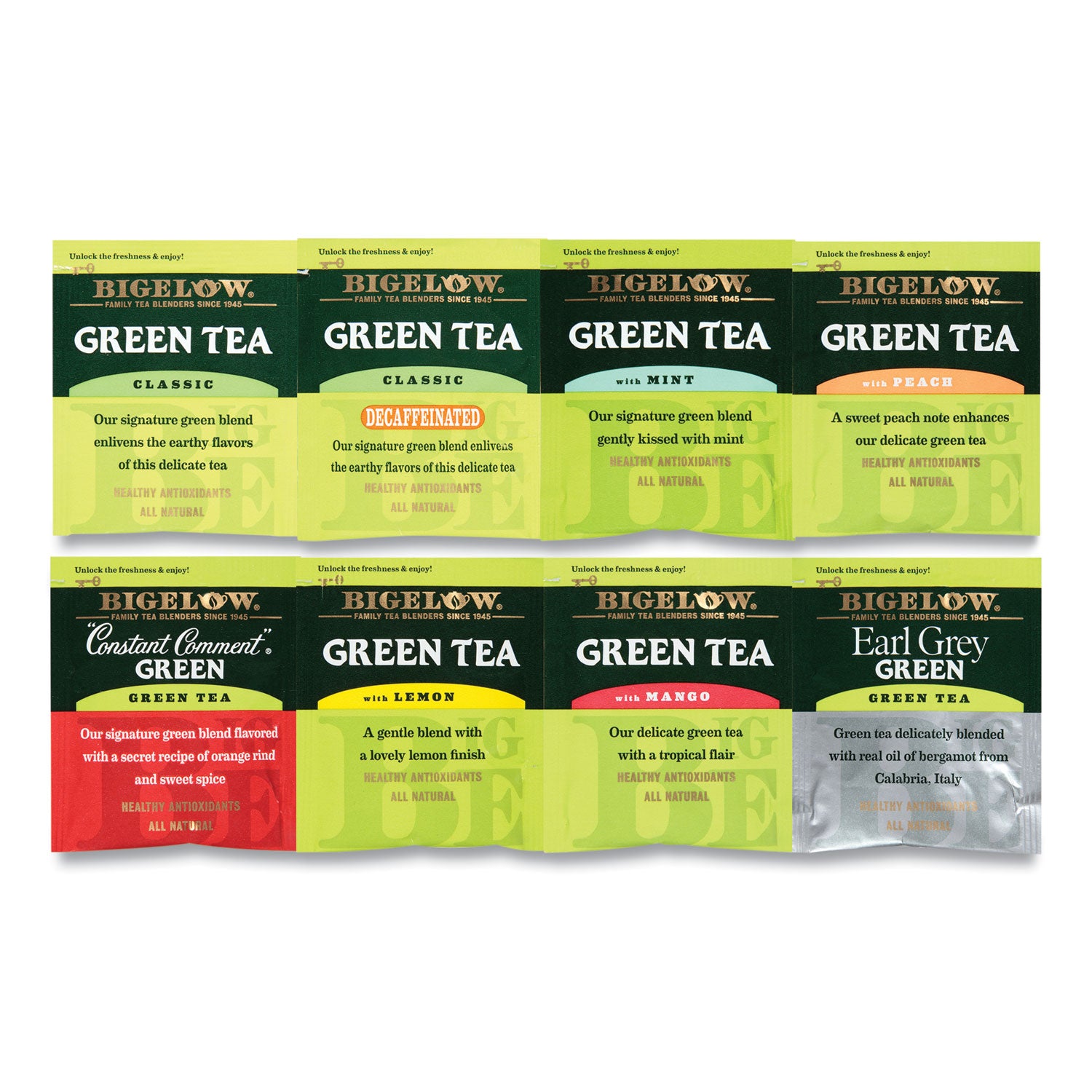 Bigelow Green Tea Assortment, Individually Wrapped, Eight Flavors, 64 Tea Bags/Box (30568)