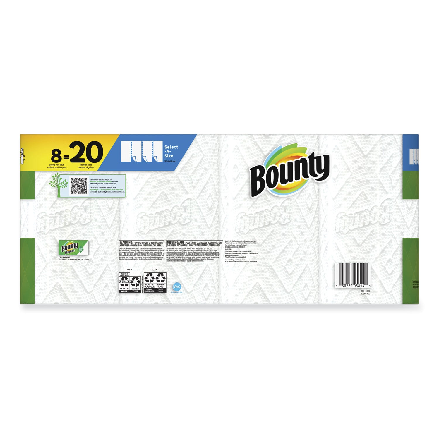 Bounty Select-a-Size Kitchen Roll Paper Towels, 2-Ply, 5.9 x 11, White, 113 Sheets/Double Plus Roll, 8 Rolls/Pack (05814)