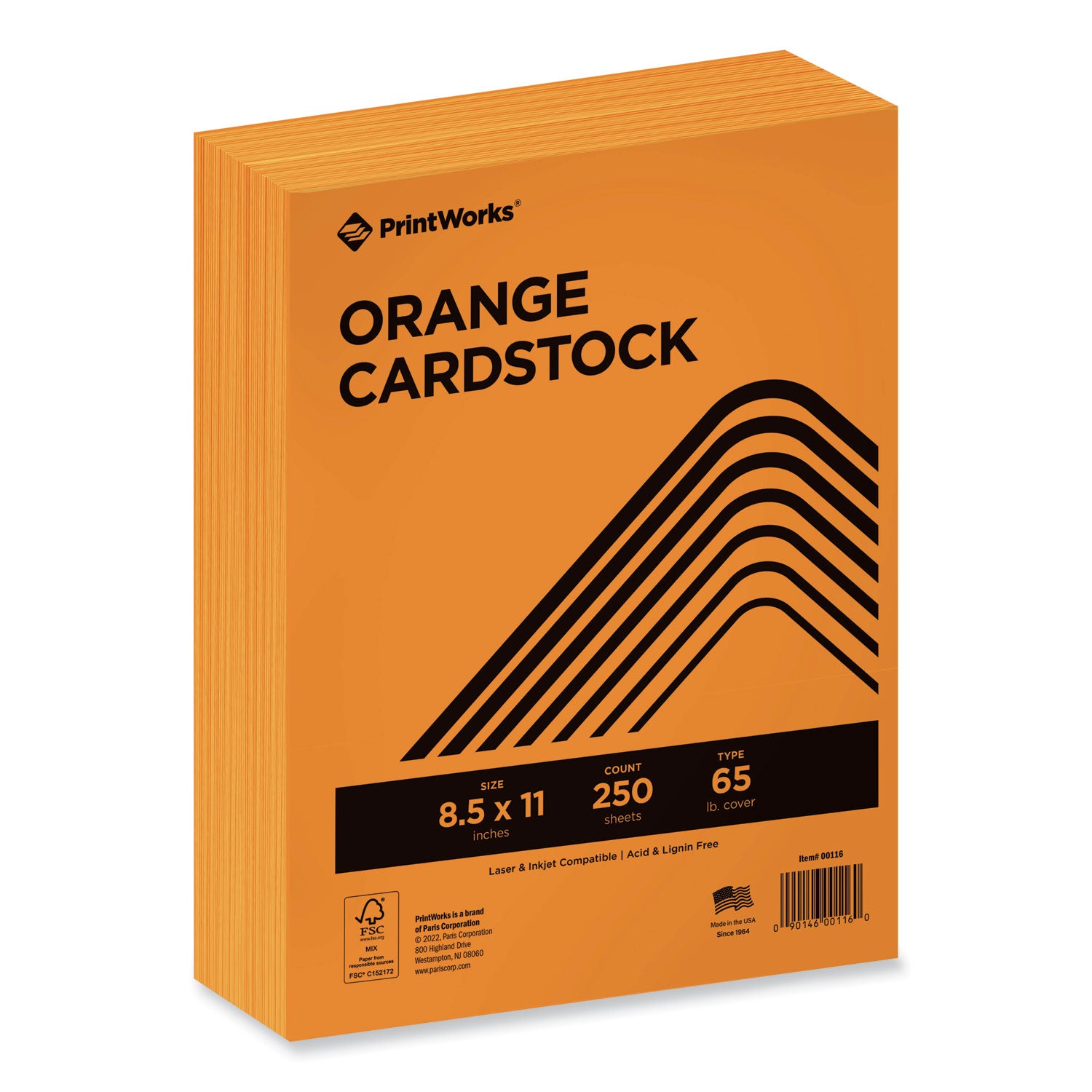 Printworks Professional Color Cardstock, 65 lb Cover Weight, 8.5 x 11, Orange, 250/Ream (00116)