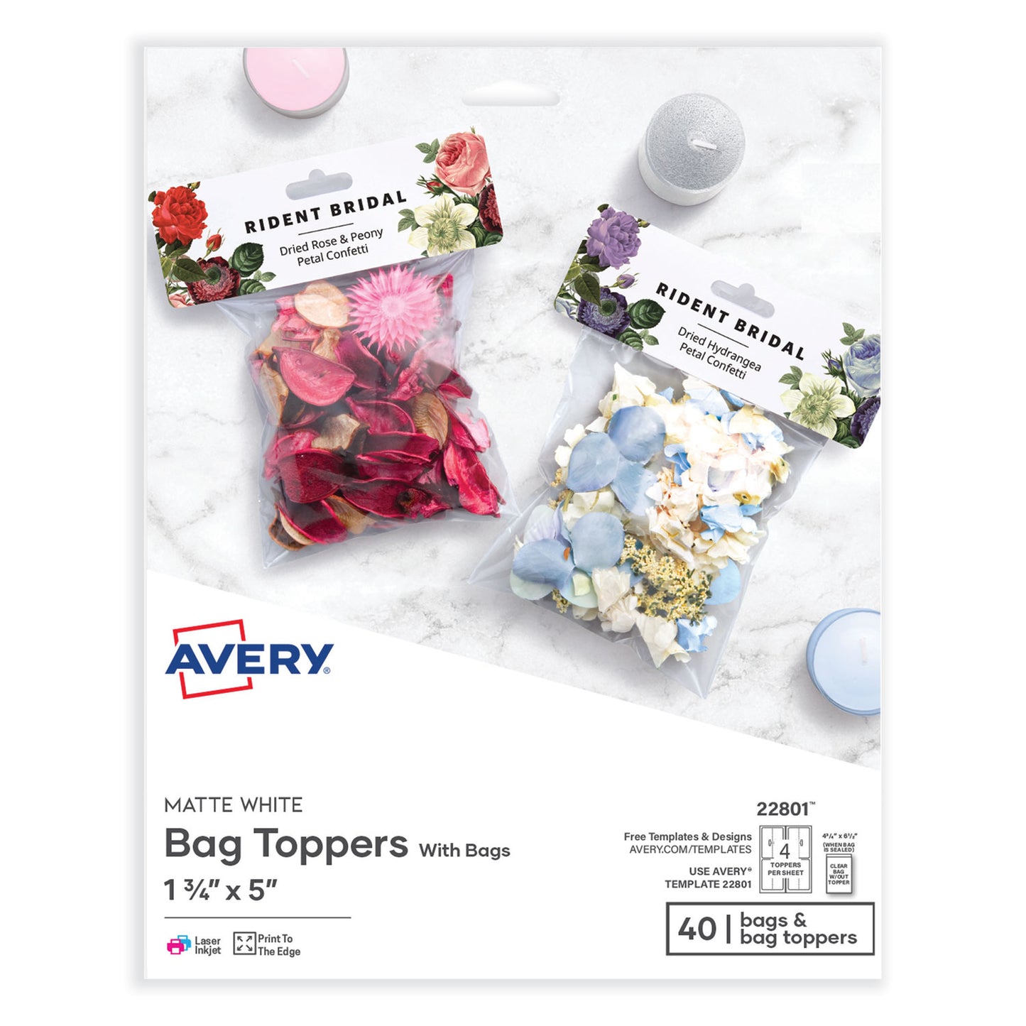Avery Sure Feed Printable Toppers with Bags, 1.75 x 5, White, 40/Pack (22801)