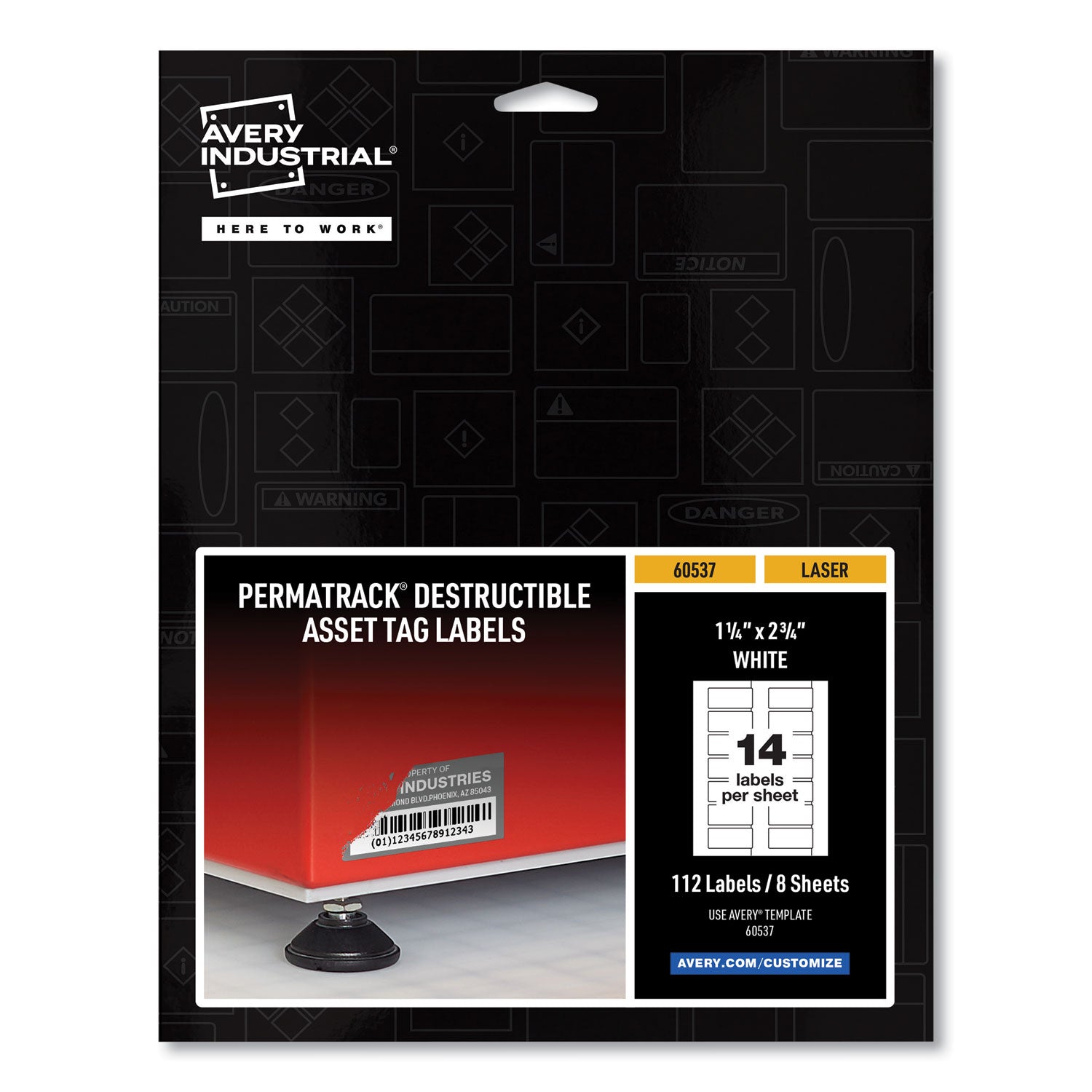 Avery PermaTrack Destructible Asset Tag Labels, Laser Printers, 1.25 x 2.75, White, 14/Sheet, 8 Sheets/Pack (60537)