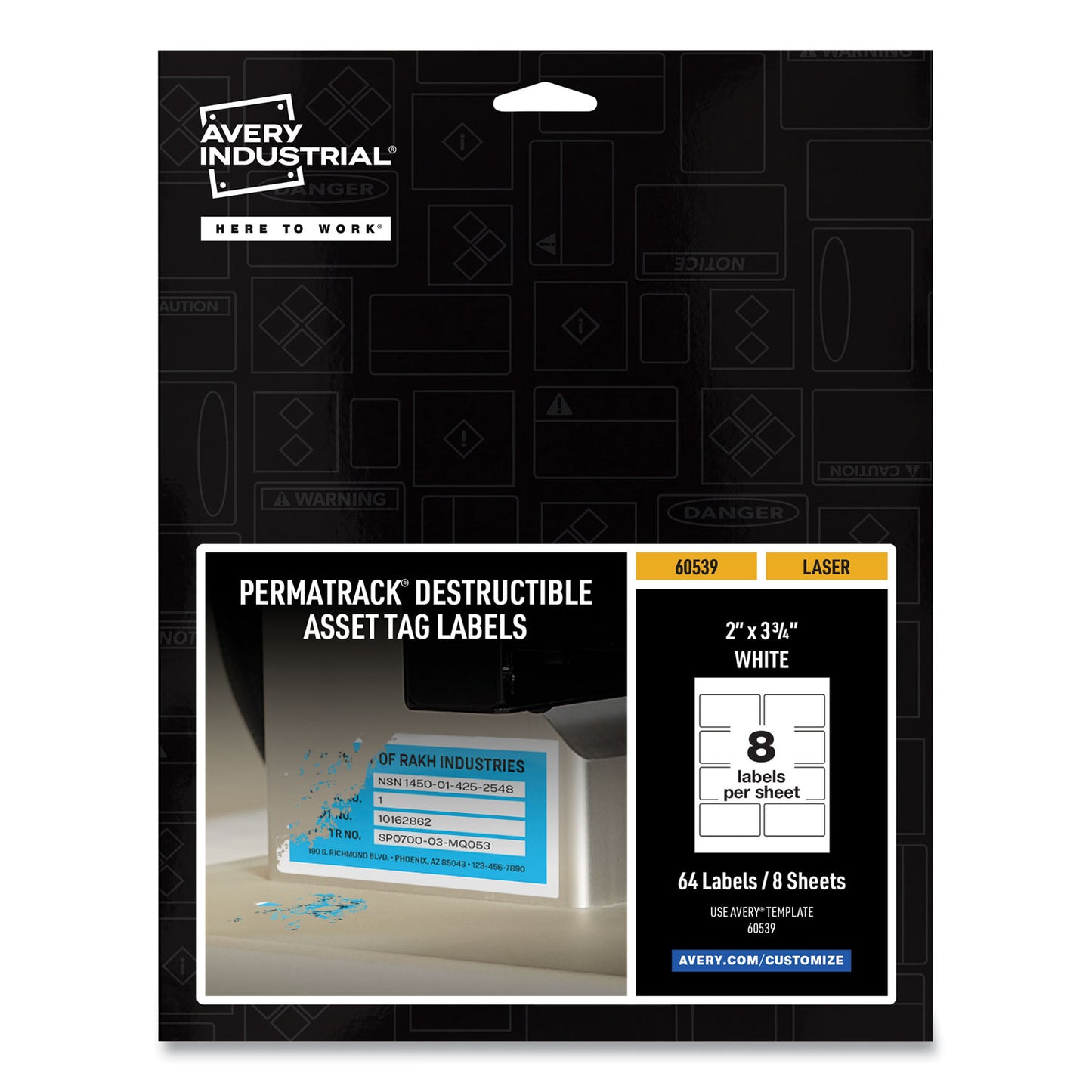 Avery PermaTrack Destructible Asset Tag Labels, Laser Printers, 2 x 3.75, White, 8/Sheet, 8 Sheets/Pack (60539)