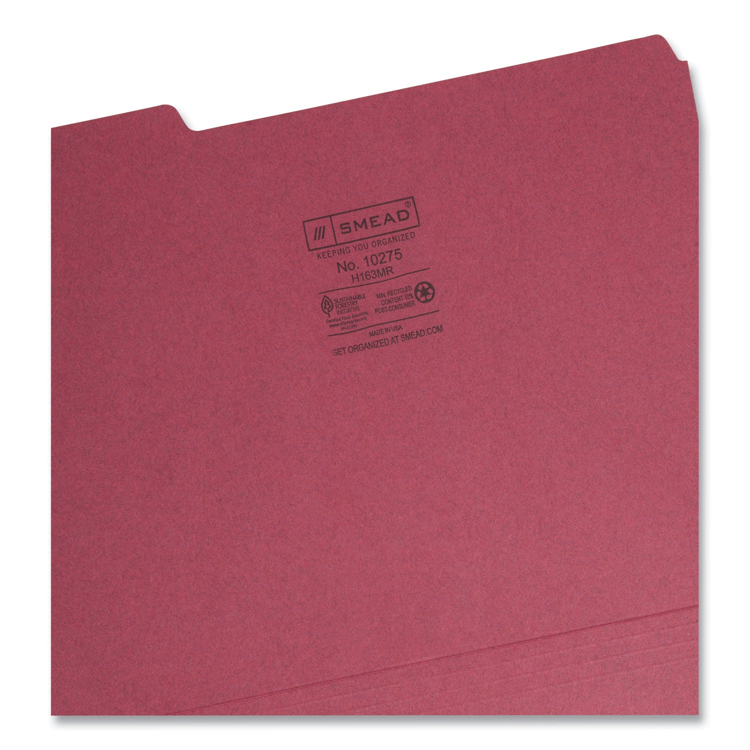 Smead Interior File Folders, 1/3-Cut Tabs: Assorted, Letter Size, 0.75" Expansion, Maroon, 100/Box (10275)