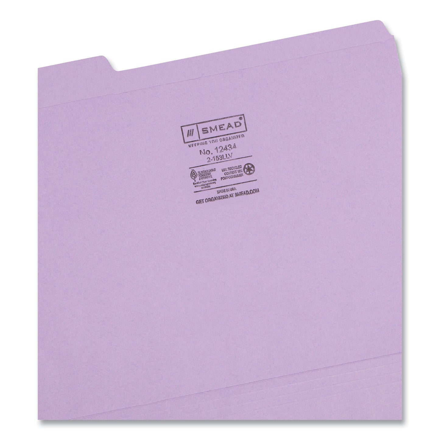 Smead Reinforced Top Tab Colored File Folders, 1/3-Cut Tabs: Assorted, Letter Size, 0.75" Expansion, Lavender, 100/Box (12434)