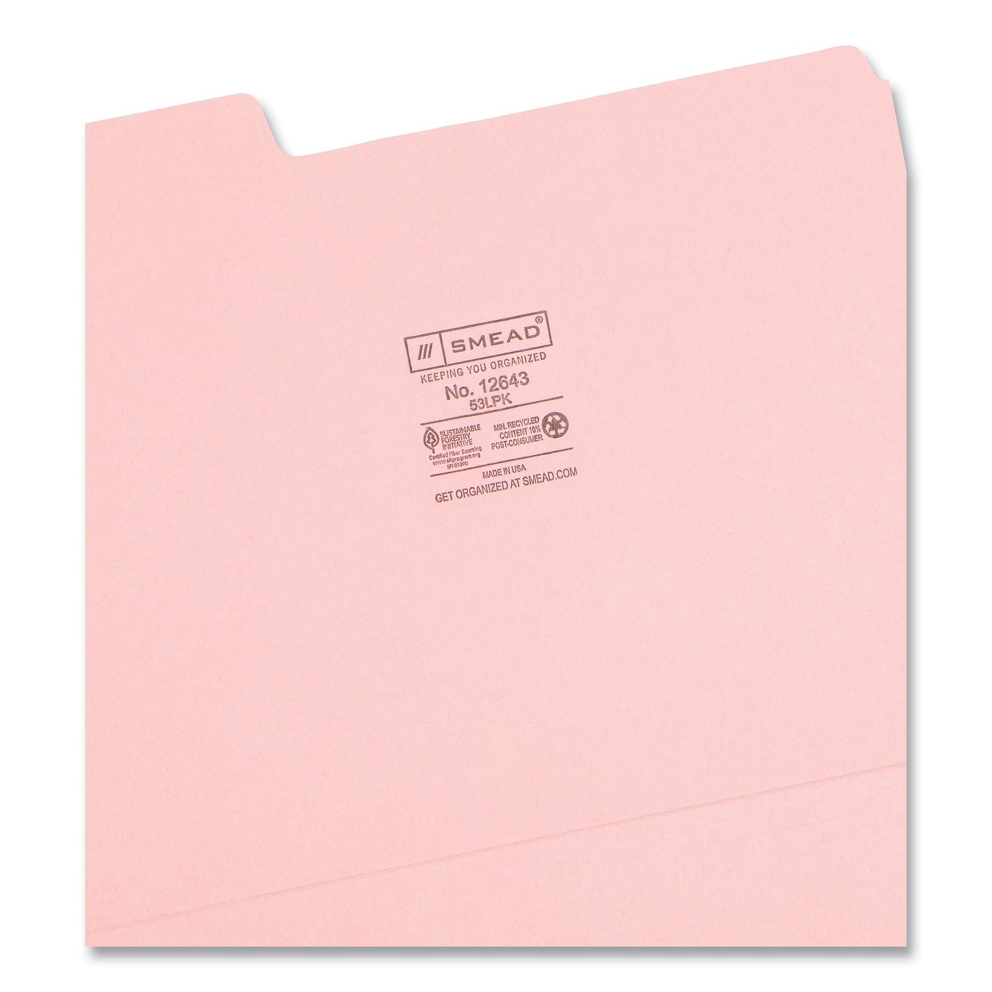 Smead Colored File Folders, 1/3-Cut Tabs: Assorted, Letter Size, 0.75" Expansion, Pink, 100/Box (12643)