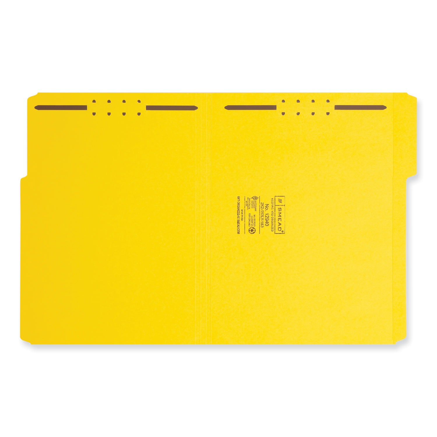 Smead Top Tab Colored Fastener Folders, 0.75" Expansion, 2 Fasteners, Letter Size, Yellow Exterior, 50/Box (12940)