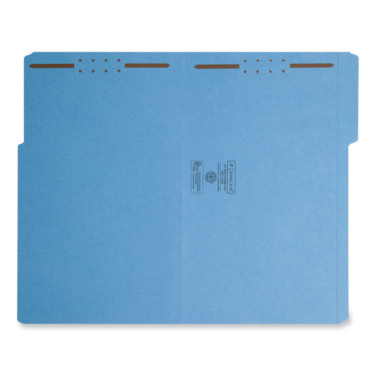 Smead Top Tab Colored Fastener Folders, 0.75" Expansion, 2 Fasteners, Legal Size, Blue Exterior, 50/Box (17040)