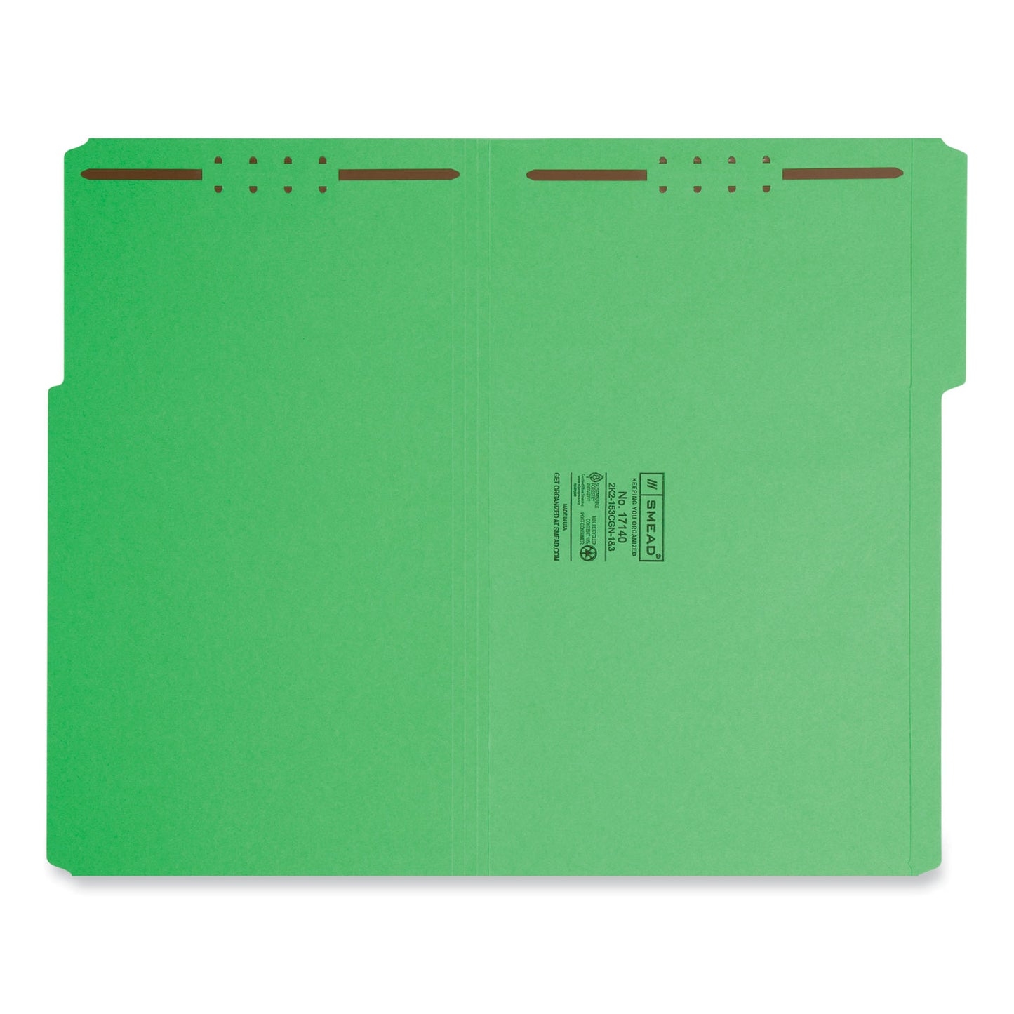 Smead Top Tab Colored Fastener Folders, 0.75" Expansion, 2 Fasteners, Legal Size, Green Exterior, 50/Box (17140)