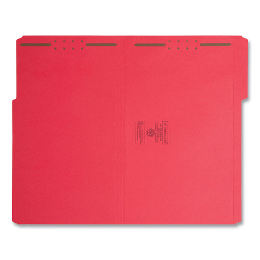 Smead Top Tab Colored Fastener Folders, 0.75" Expansion, 2 Fasteners, Legal Size, Red Exterior, 50/Box (17740)