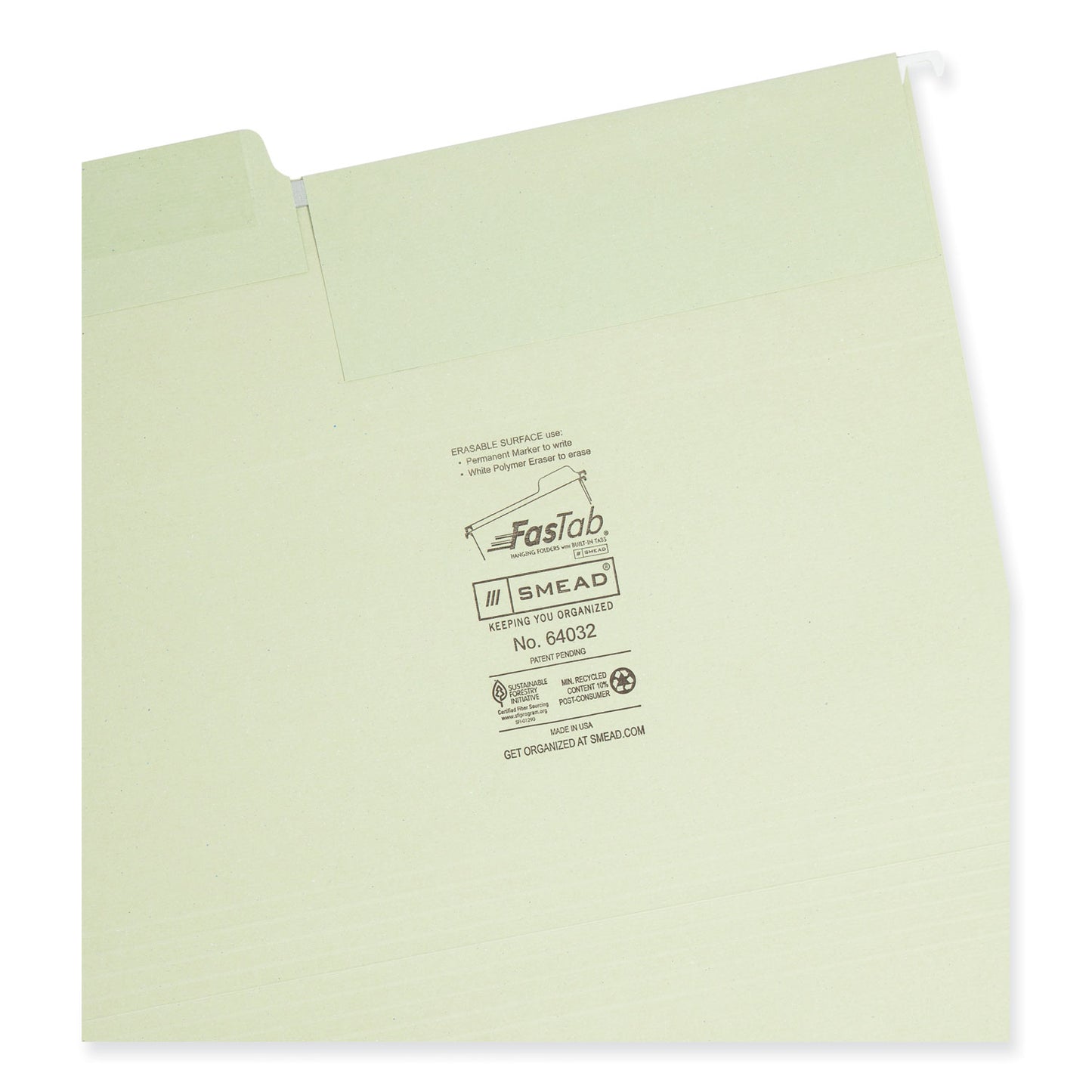 Smead Erasable FasTab Hanging Folders, Letter Size, 1/3-Cut Tabs, Moss, 20/Box (64032)