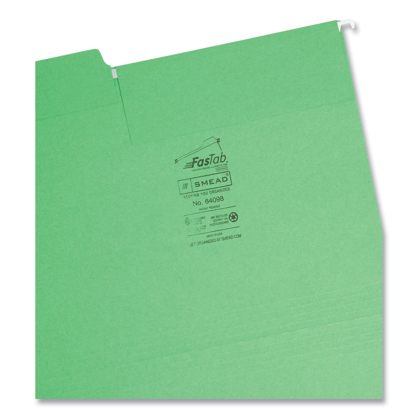 Smead FasTab Hanging Folders, Letter Size, 1/3-Cut Tabs, Green, 20/Box (64098)