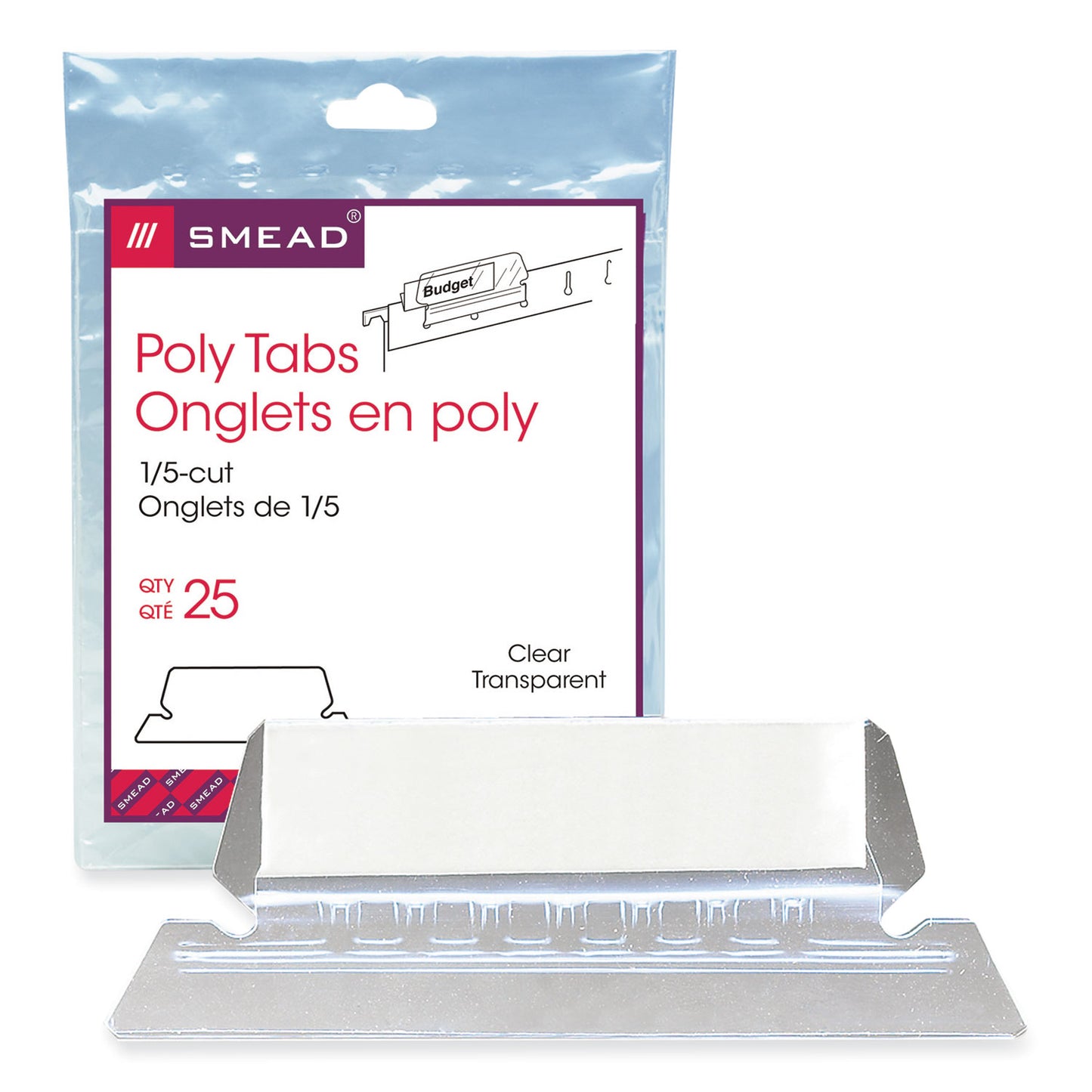 Smead Poly Index Tabs and Inserts For Hanging File Folders, 1/5-Cut, White/Clear, 2.25" Wide, 25/Pack (64600)