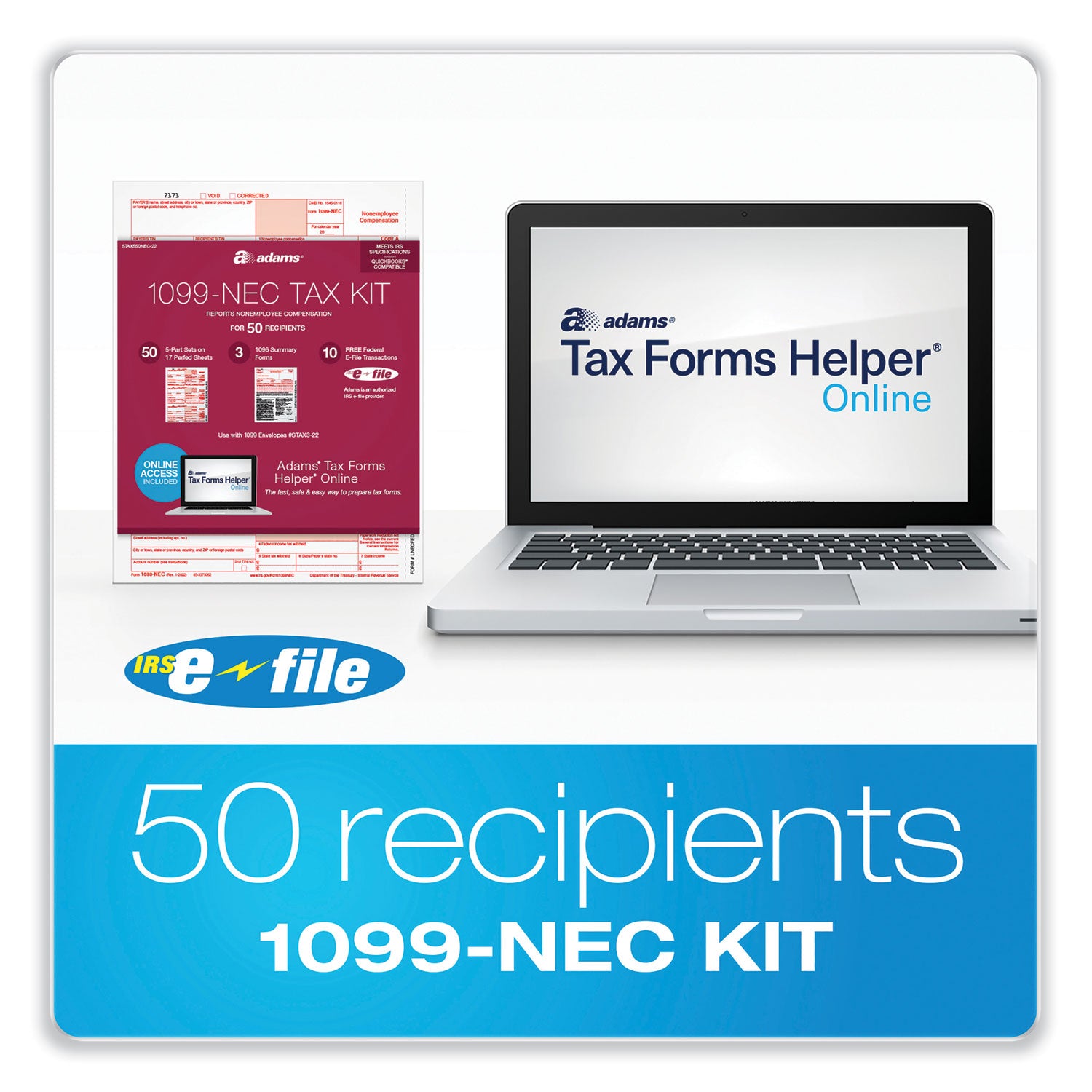 Adams 1099-NEC + 1096 Tax Form Kit with e-File, Inkjet/Laser, Fiscal Year: 2023, 5-Part, 8.5 x 3.67, 3 Forms/Sheet, 50 Forms Total (STAX550NEC22)