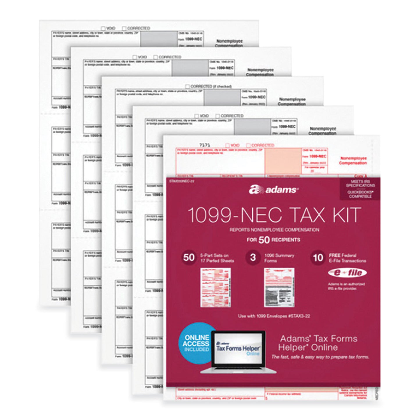 Adams 1099-NEC + 1096 Tax Form Bundle, Inkjet/Laser, Fiscal Year: 2023, 5-Part, 8.5 x 3.67, 3 Forms/Sheet, 24 Forms Total (X5241NEC22)