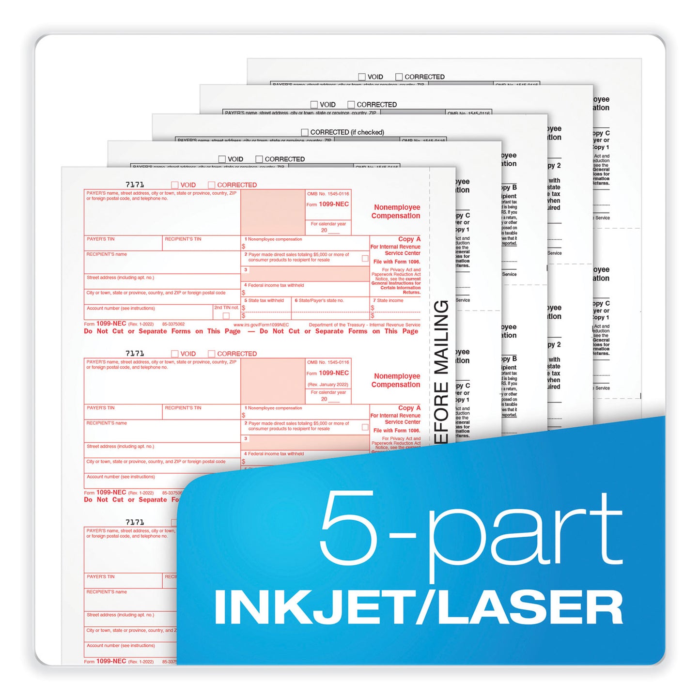 Adams 1099-NEC + 1096 Tax Form Bundle, Inkjet/Laser, Fiscal Year: 2023, 5-Part, 8.5 x 3.67, 3 Forms/Sheet, 24 Forms Total (X5241NEC22)