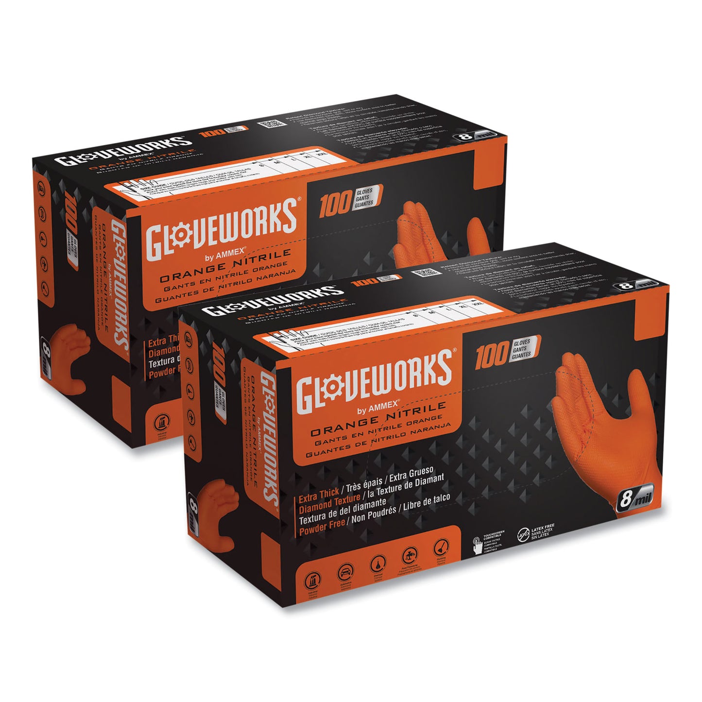 GloveWorks by AMMEX Heavy-Duty Industrial Nitrile Gloves, Powder-Free, 8 mil, Medium, Orange, 100/Box (GWON44100)