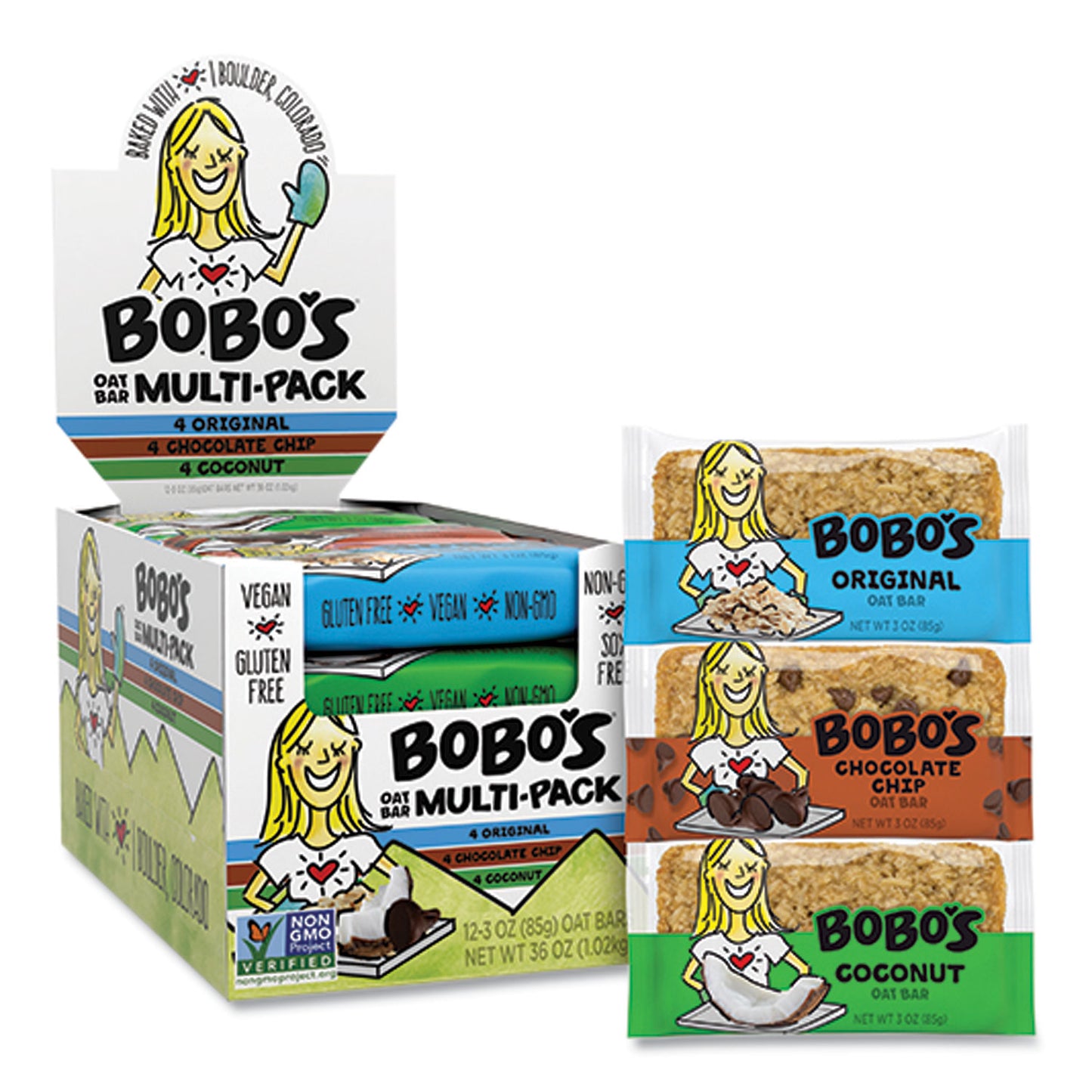 Bobo's Oat Bar Coconut/Chocolate Chip/Original Multipack, 3 oz Individually Wrapped, 12/Box (00098)