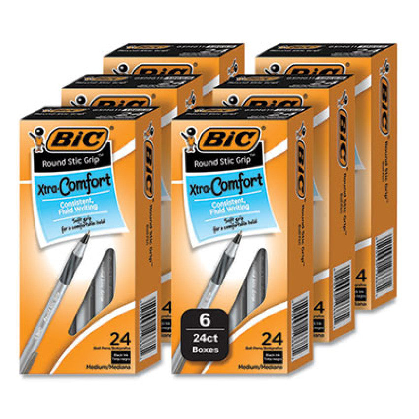 BIC Round Stic Grip Xtra Comfort Ballpoint Pen, Medium 1 mm, Black Ink, Gray/Black, 24/Box, 6 Boxes/Pack (GSMG144EBLK)