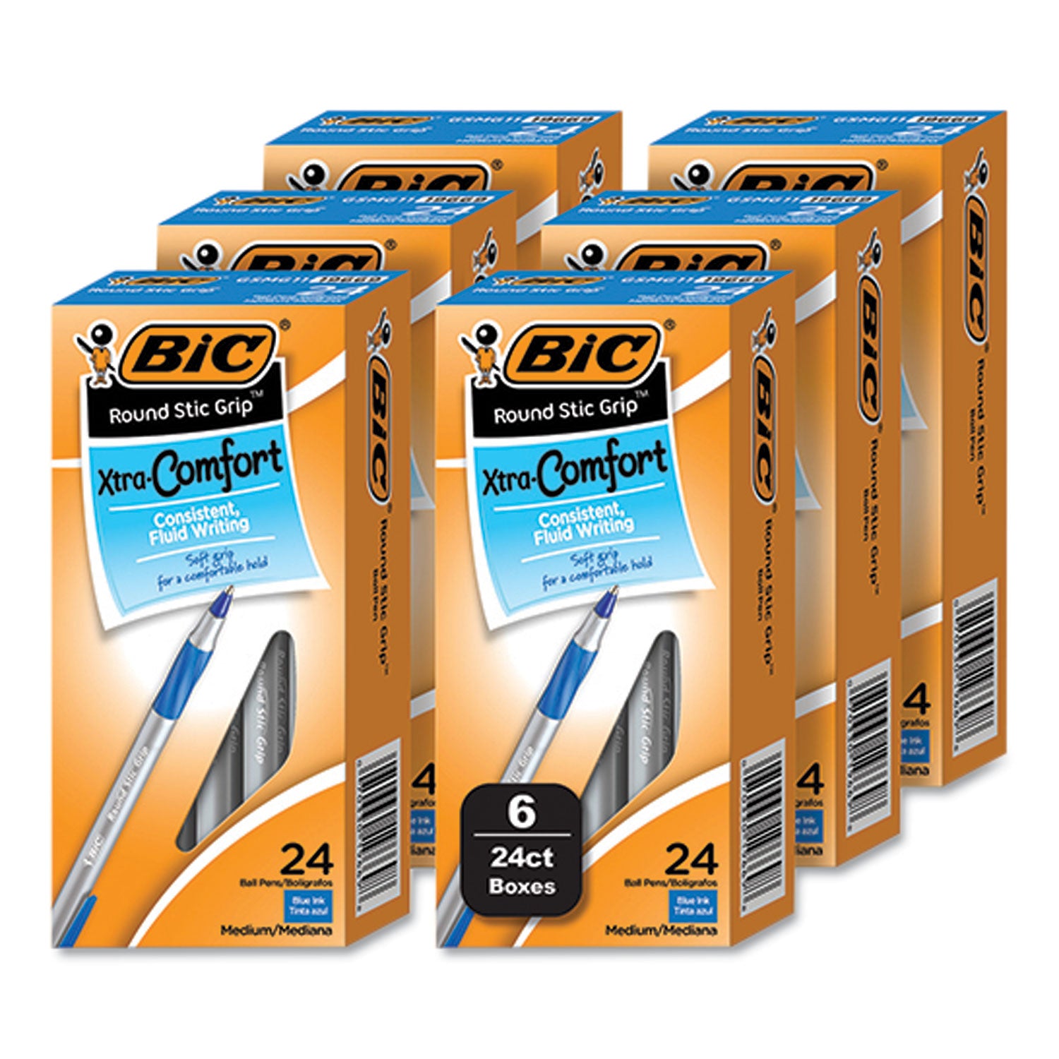 BIC Round Stic Grip Xtra Comfort Ballpoint Pen, Medium 1 mm, Blue Ink, Gray/Blue Barrel, 24/Box, 6 Boxes/Pack (GSMG144EBLU)