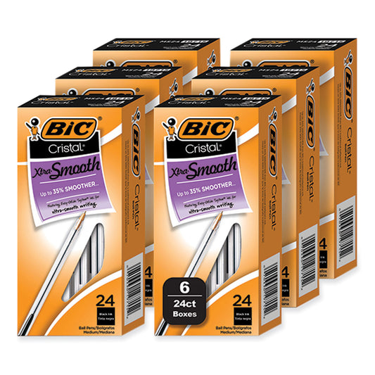 BIC Cristal Xtra Smooth Ballpoint Pen, Stick, Medium 1 mm, Black Ink, Clear Barrel, 24/Box, 6 Boxes/Pack (MS144EBLK)