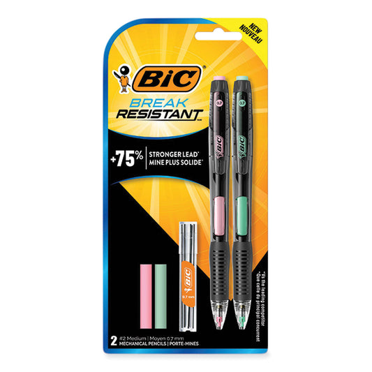 BIC Break-Resistant Mechanical Pencils with Erasers, 0.7 mm, HB (#2), Black Lead, Assorted Barrel Colors, 2/Pack (MV7PRP2BLK)