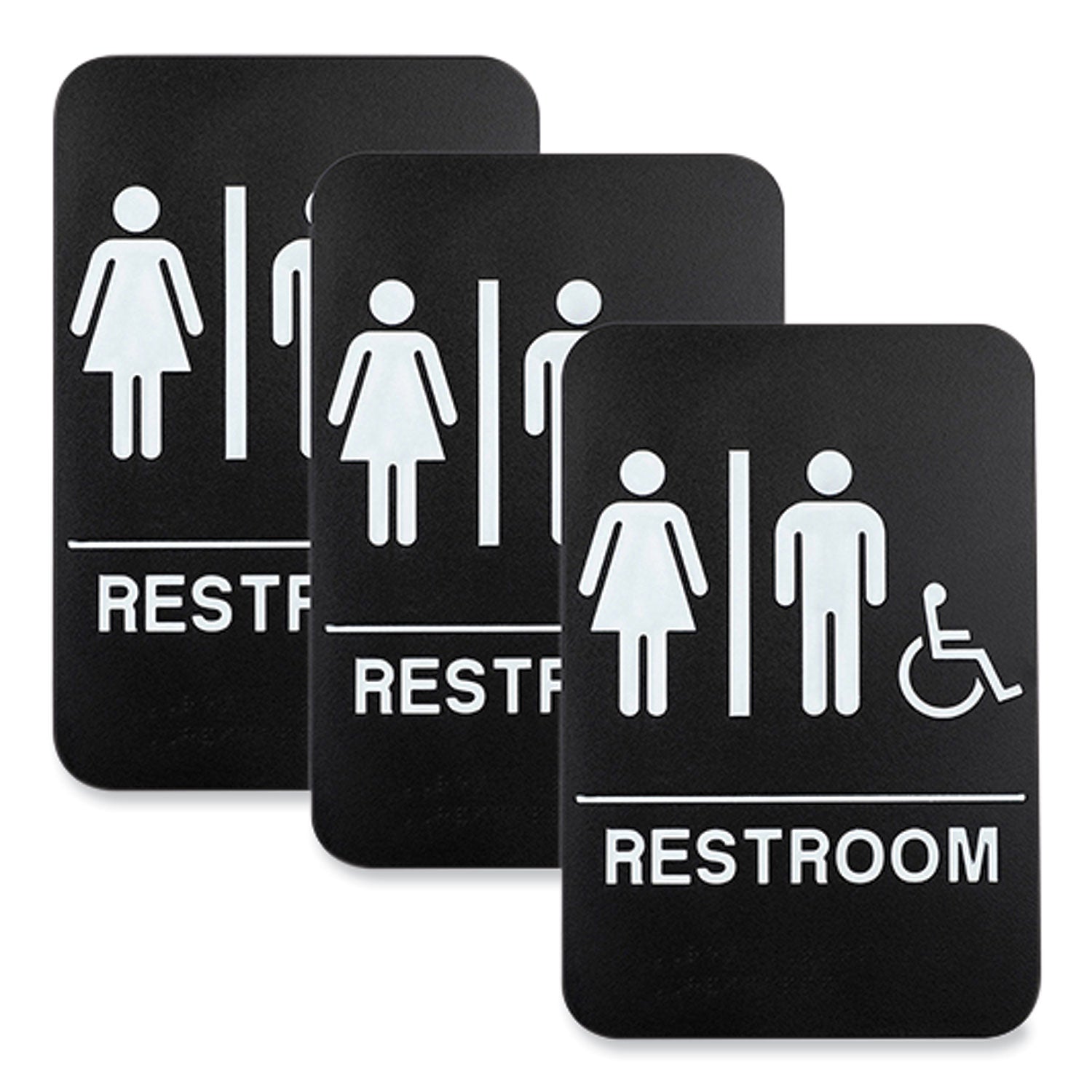 Excello Global Products Indoor/Outdoor Restroom Sign with Braille Text and Wheelchair, 6" x 9", Black Face, White Graphics, 3/Pack (HD0036S)