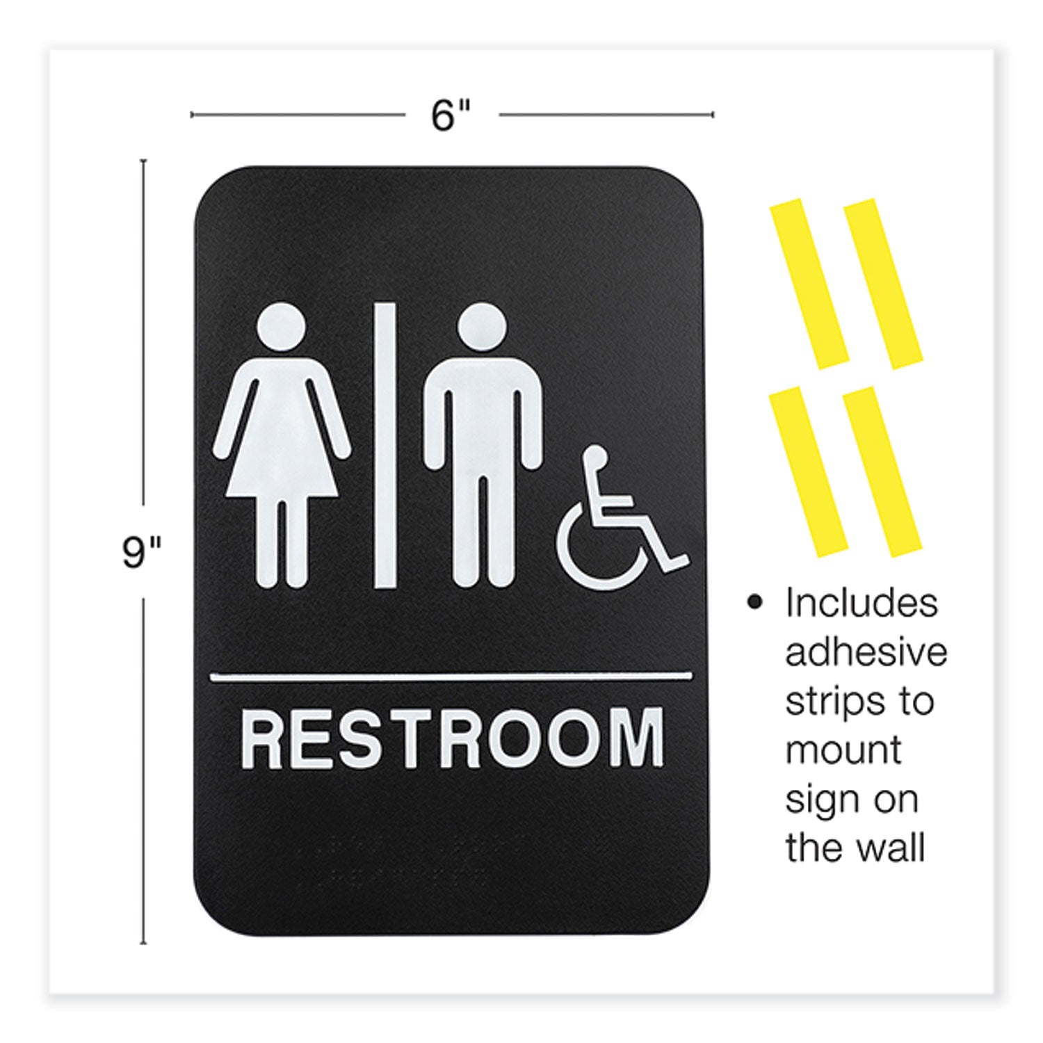 Excello Global Products Indoor/Outdoor Restroom Sign with Braille Text and Wheelchair, 6" x 9", Black Face, White Graphics, 3/Pack (HD0036S)