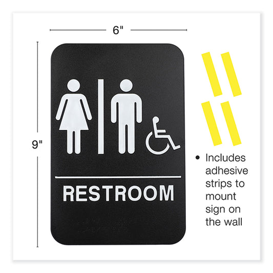 Excello Global Products Indoor/Outdoor Restroom Sign with Braille Text and Wheelchair, 6" x 9", Black Face, White Graphics, 3/Pack (HD0036S)