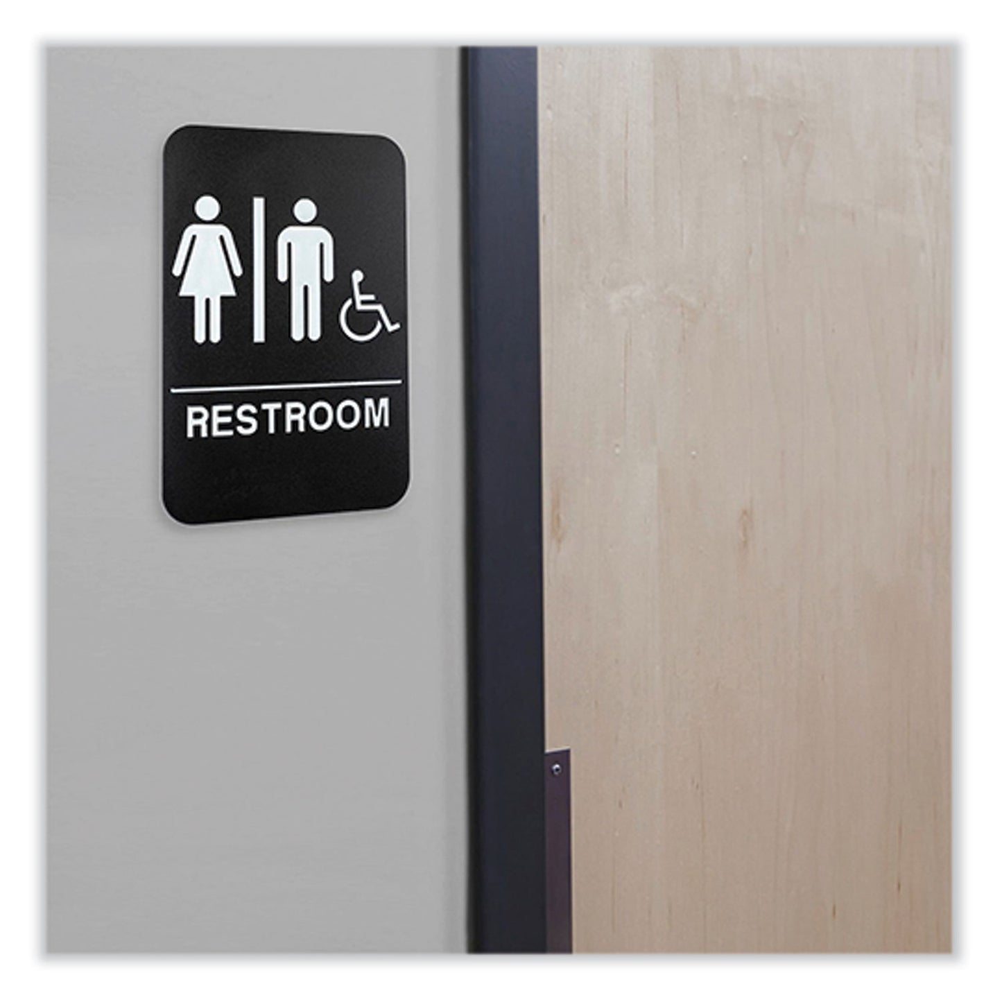 Excello Global Products Indoor/Outdoor Restroom Sign with Braille Text and Wheelchair, 6" x 9", Black Face, White Graphics, 3/Pack (HD0036S)