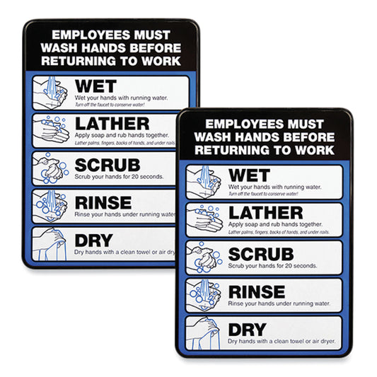 Excello Global Products Employees Must Wash Hands Indoor Wall Sign, 5" x 7", Black/Blue/White Face, Black/Blue Graphics, 2/Pack (HD0171S)