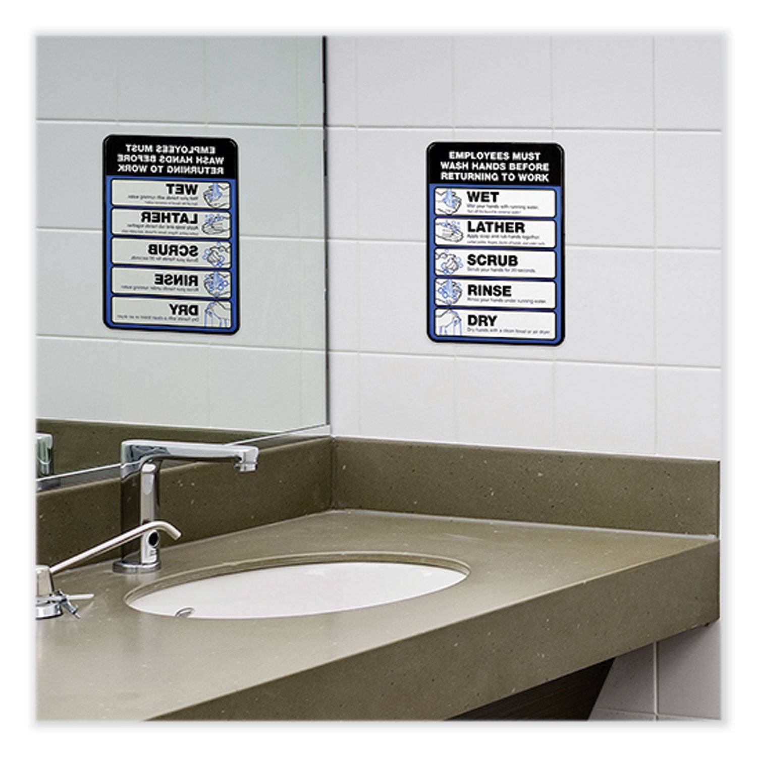 Excello Global Products Employees Must Wash Hands Indoor Wall Sign, 5" x 7", Black/Blue/White Face, Black/Blue Graphics, 2/Pack (HD0171S)