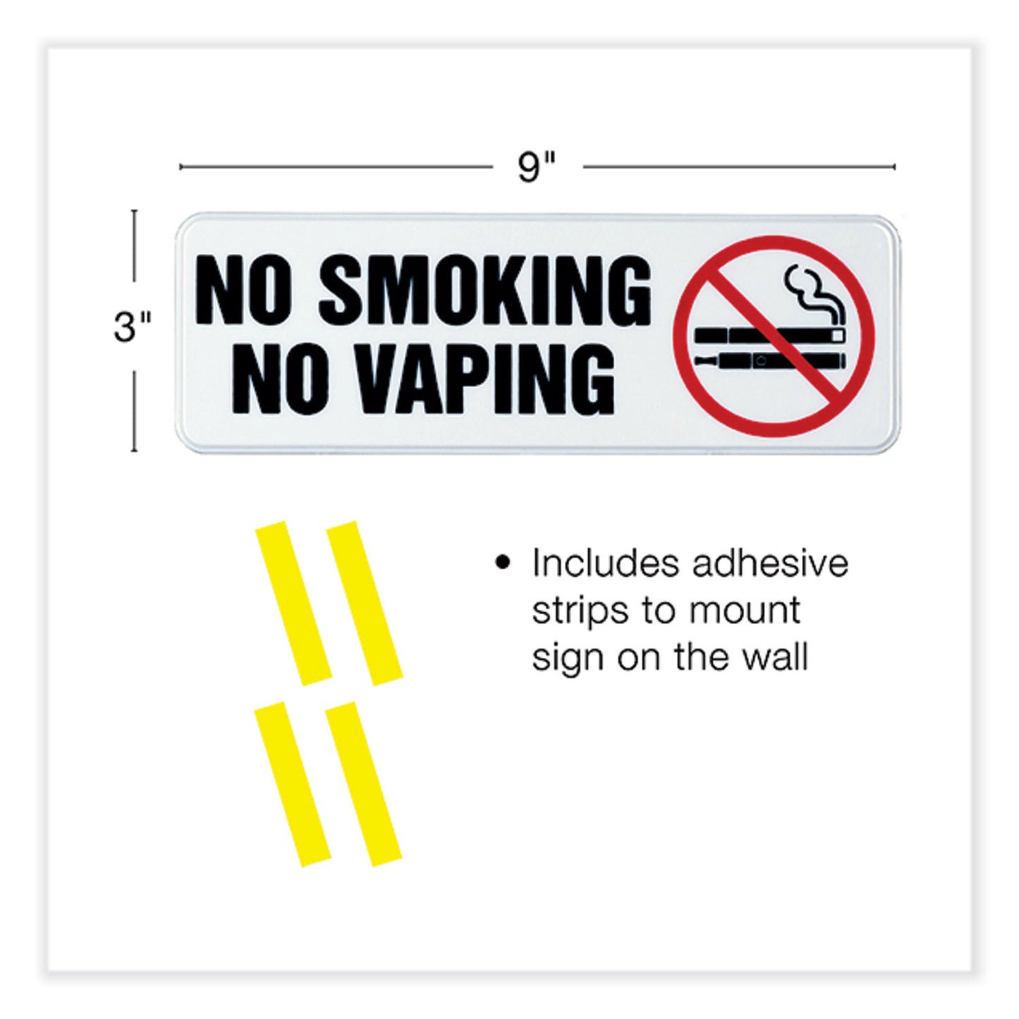 Excello Global Products No Smoking No Vaping Indoor/Outdoor Wall Sign, 9" x 3", Black Face, Black/Red Graphics, 4/Pack (HD0175S)