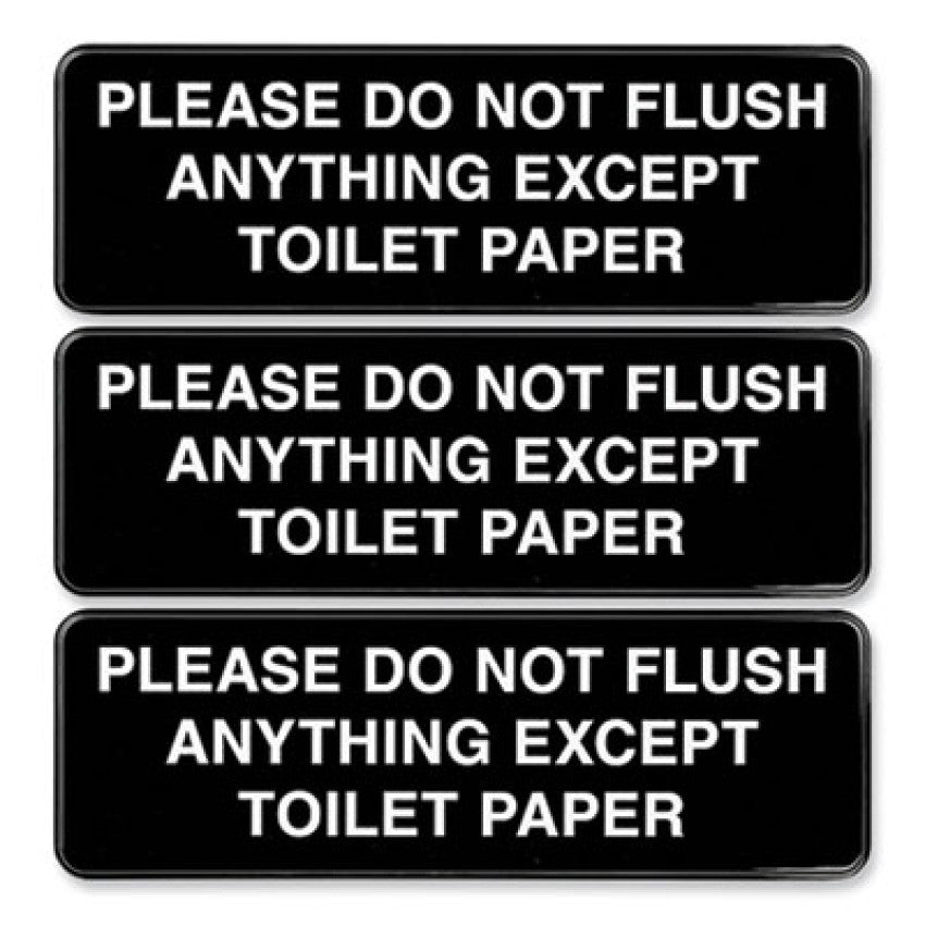 Excello Global Products Please Do Not Flush Indoor/Outdoor Wall Sign, 9" x 3", Black Face, White Graphics, 3/Pack (HD0255S)