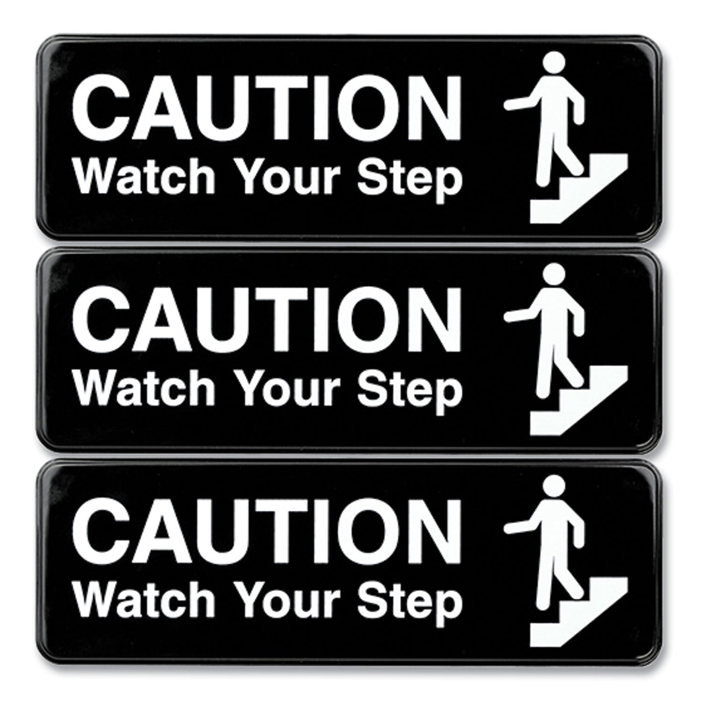 Excello Global Products Caution Watch Your Step Indoor/Outdoor Wall Sign, 9" x 3", Black Face, White Graphics, 3/Pack (HD0268S)