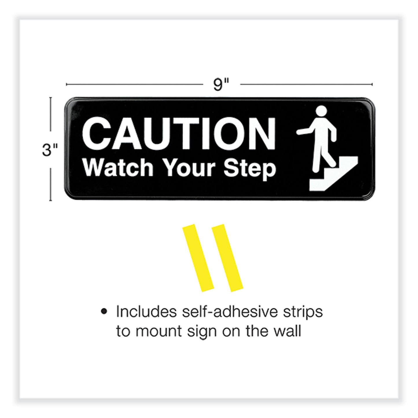 Excello Global Products Caution Watch Your Step Indoor/Outdoor Wall Sign, 9" x 3", Black Face, White Graphics, 3/Pack (HD0268S)