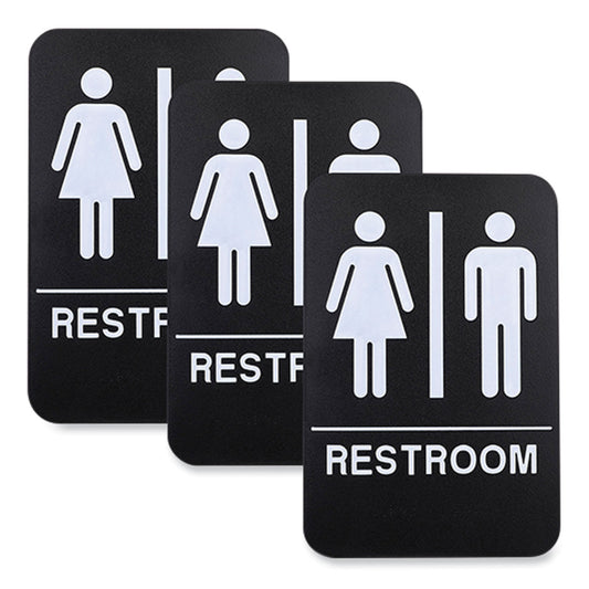 Excello Global Products Indoor/Outdoor Restroom with Braille Text, 6" x 9", Black Face, White Graphics, 3/Pack (HD0275S)